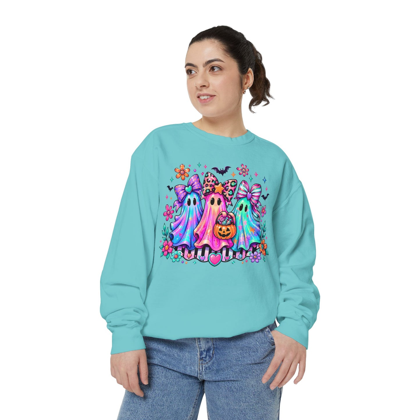 Colorful Cute Ghost Trio Halloween Crewneck