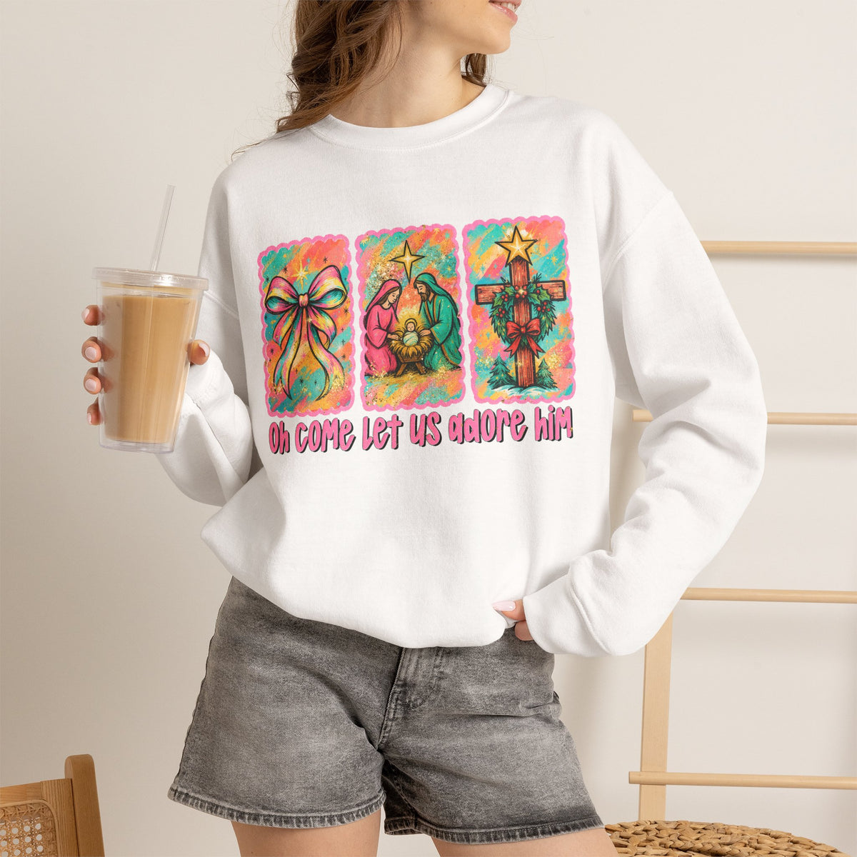 Oh Come Let Us Adore Him Christmas Religious Crewneck Sweatshirt