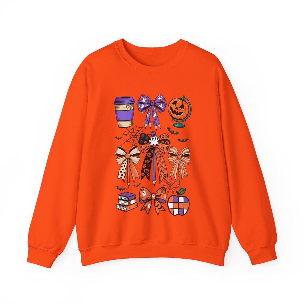 Halloween Ribbon Icons Sweatshirt — Pumpkin, Bows & Spooky Coffee Graphic