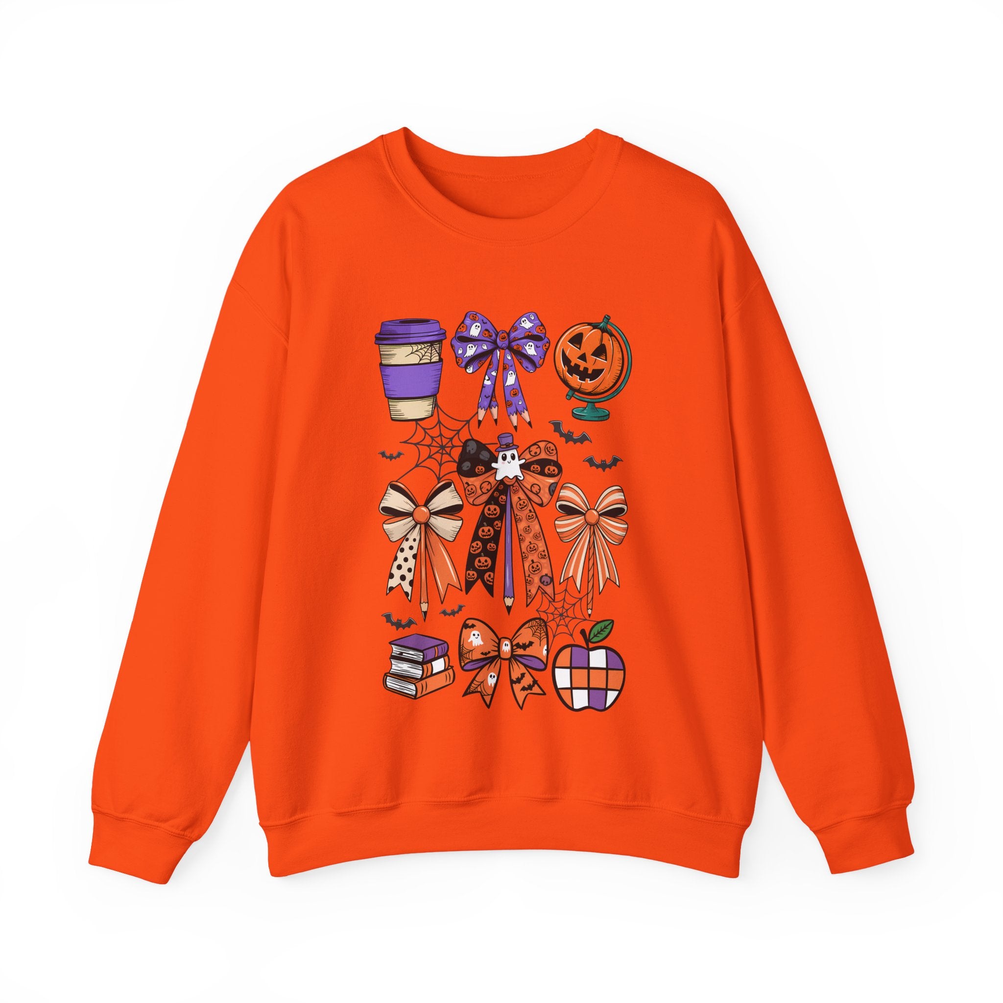 Halloween Ribbon Icons Sweatshirt — Pumpkin, Bows & Spooky Coffee Graphic