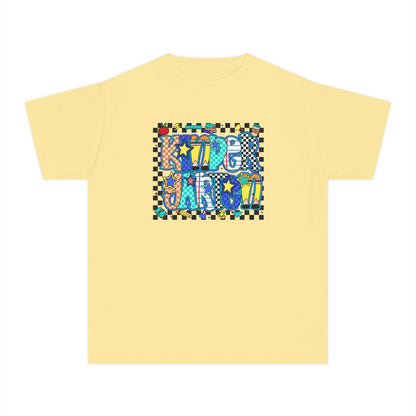 Youth Tee — Colorful 'Good Vibes' Checkerboard Graphic