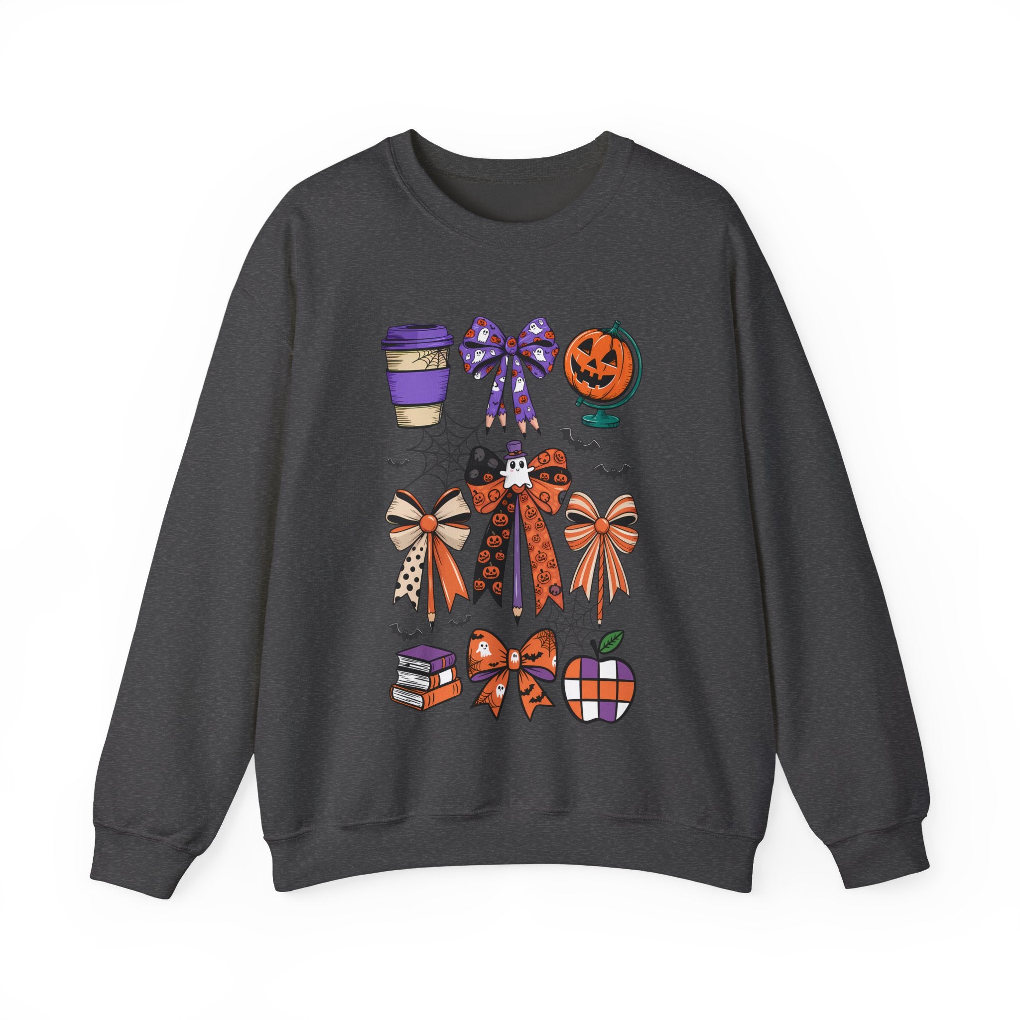 Halloween Ribbon Icons Sweatshirt — Pumpkin, Bows & Spooky Coffee Graphic