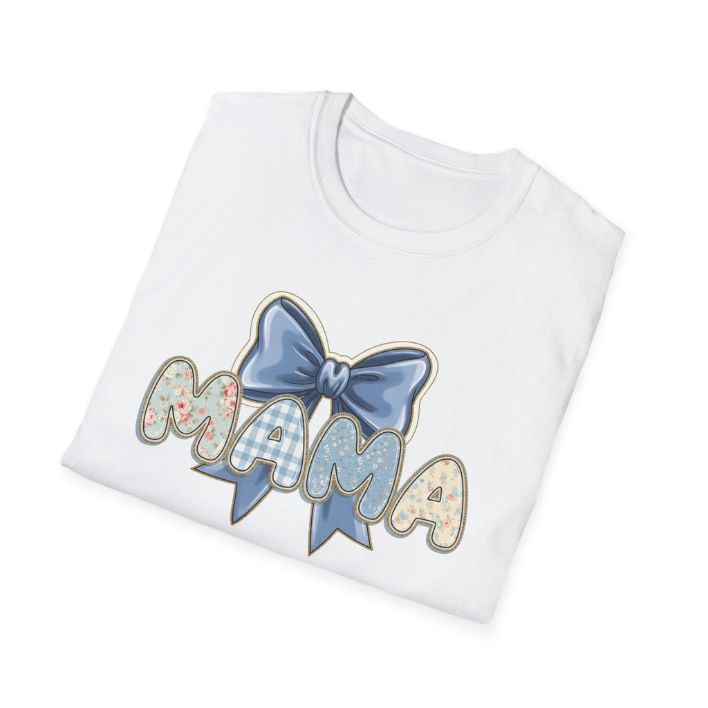 Mama bow graphic T-Shirt | floral letters, blue gingham bow