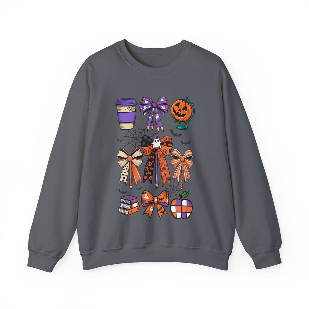 Halloween Ribbon Icons Sweatshirt — Pumpkin, Bows & Spooky Coffee Graphic
