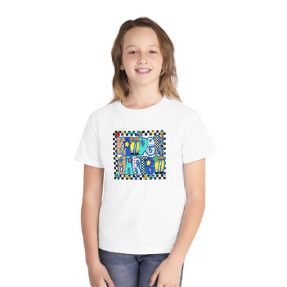 Youth Tee — Colorful 'Good Vibes' Checkerboard Graphic