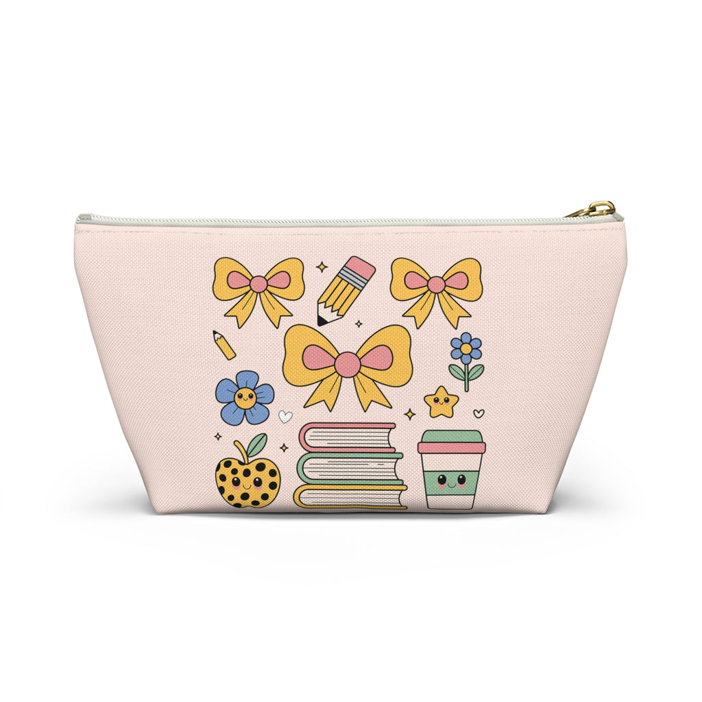 Cute Schoolgirl Accessory Pouch — Bow, Books & Coffee Makeup Bag