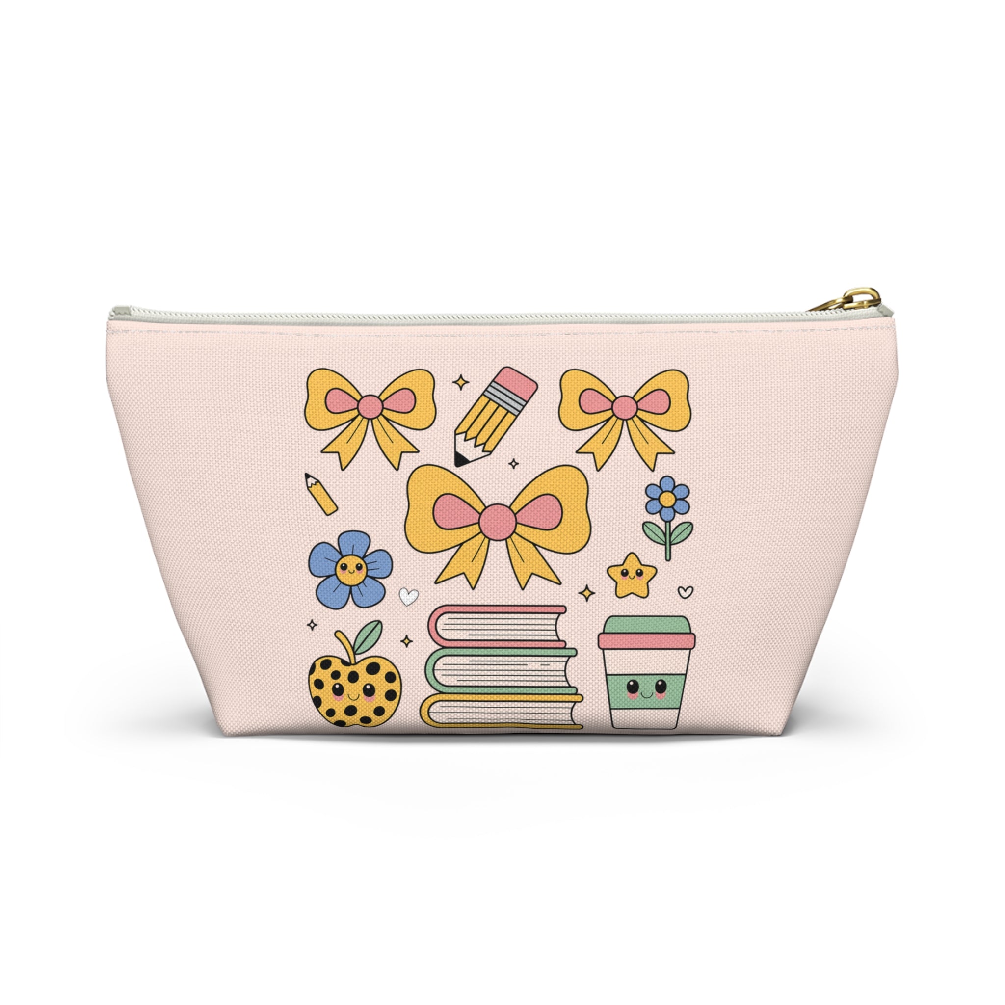Cute Schoolgirl Accessory Pouch — Bow, Books & Coffee Makeup Bag