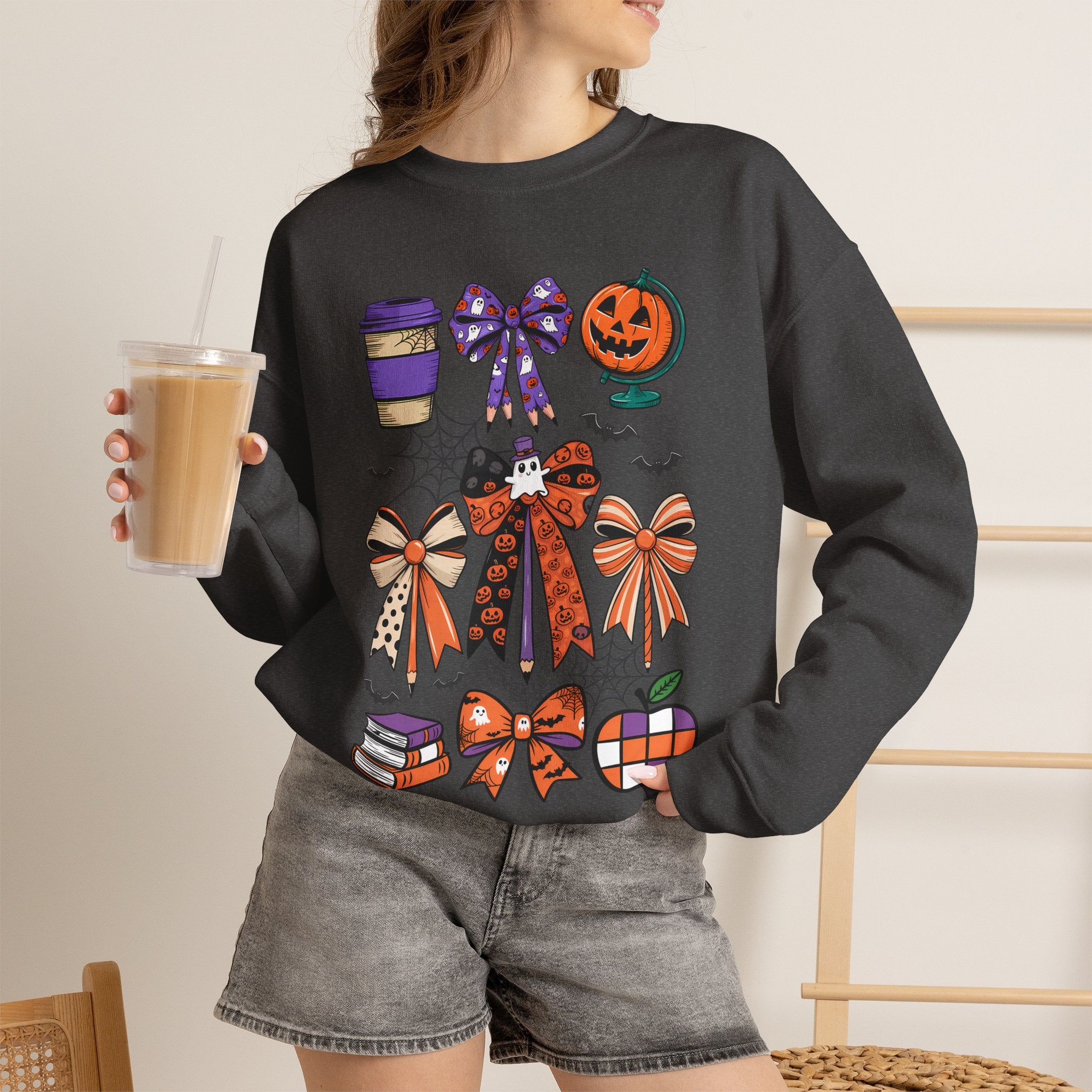 Halloween Ribbon Icons Sweatshirt — Pumpkin, Bows & Spooky Coffee Graphic