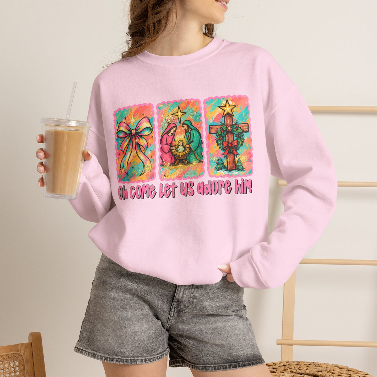 Oh Come Let Us Adore Him Christmas Religious Crewneck Sweatshirt
