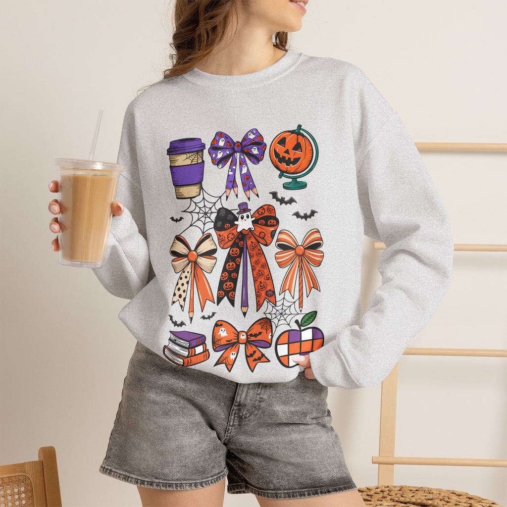 Halloween Ribbon Icons Sweatshirt — Pumpkin, Bows & Spooky Coffee Graphic