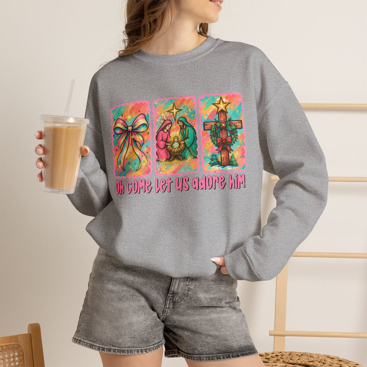 Oh Come Let Us Adore Him Christmas Religious Crewneck Sweatshirt