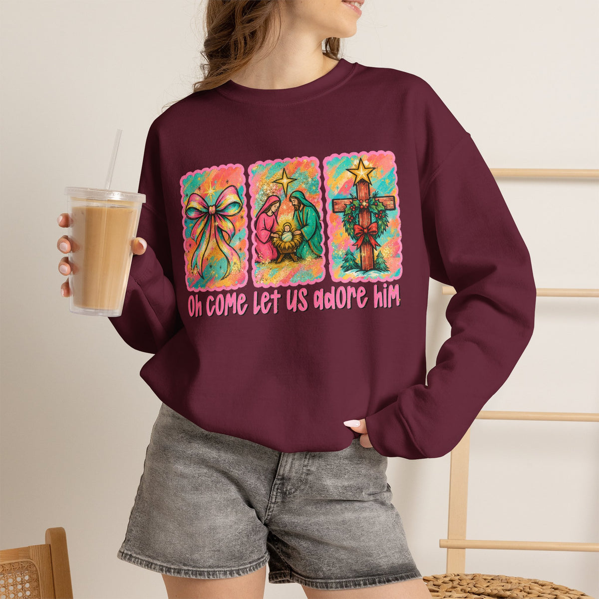 Oh Come Let Us Adore Him Christmas Religious Crewneck Sweatshirt