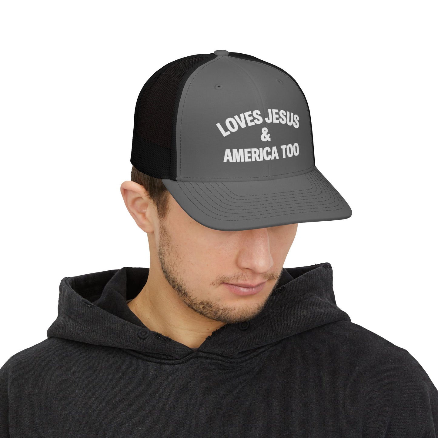 Loves Jesus & America Too Men Trucker Cap