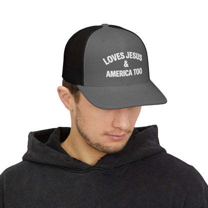 Loves Jesus & America Too Men Trucker Cap