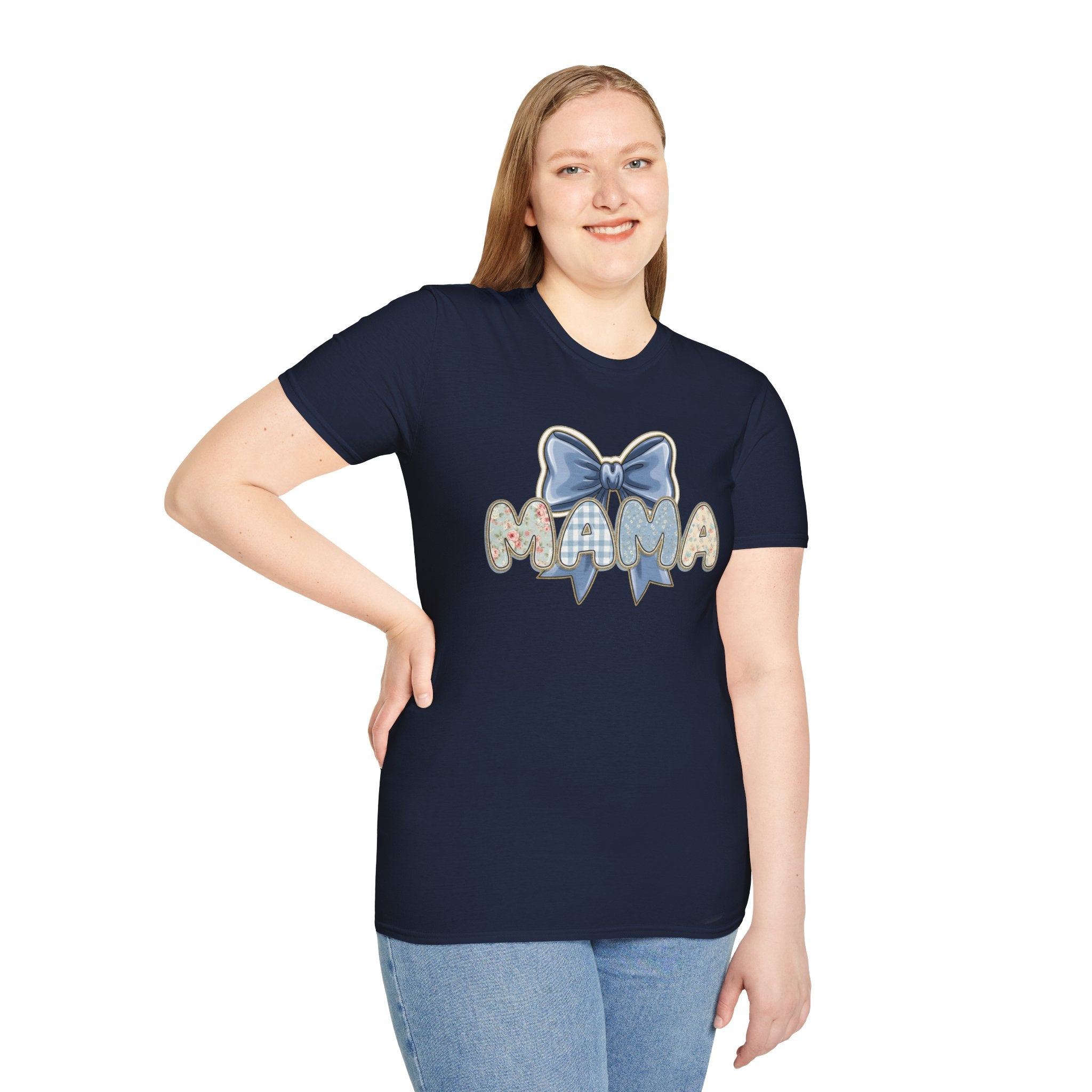 Mama bow graphic T-Shirt | floral letters, blue gingham bow
