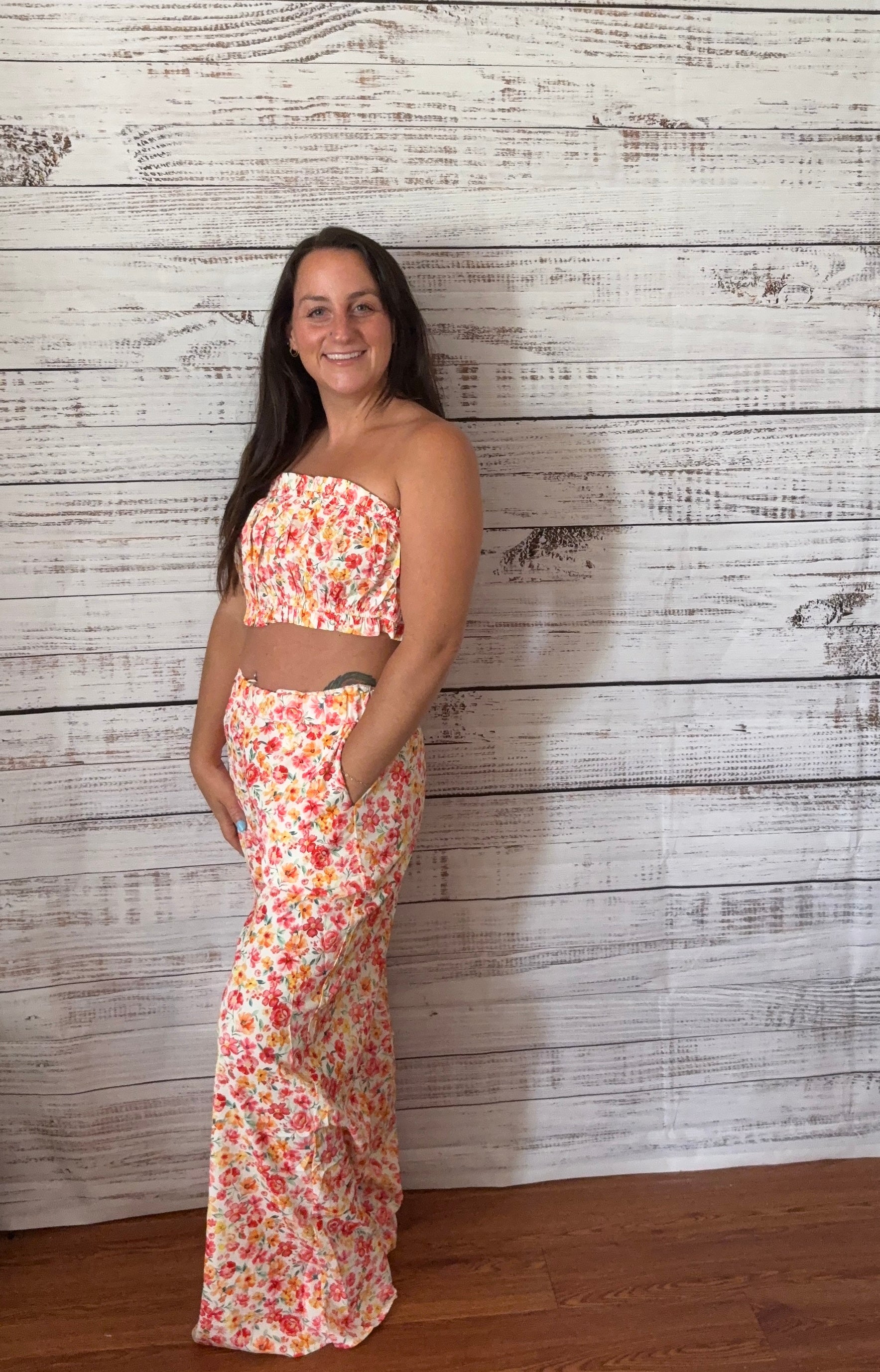 Boho Floral Bandeau Top and High Waist Wide Leg Pants Set