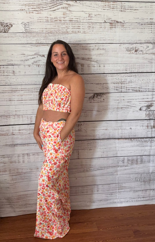Boho Floral Bandeau Top and High Waist Wide Leg Pants Set