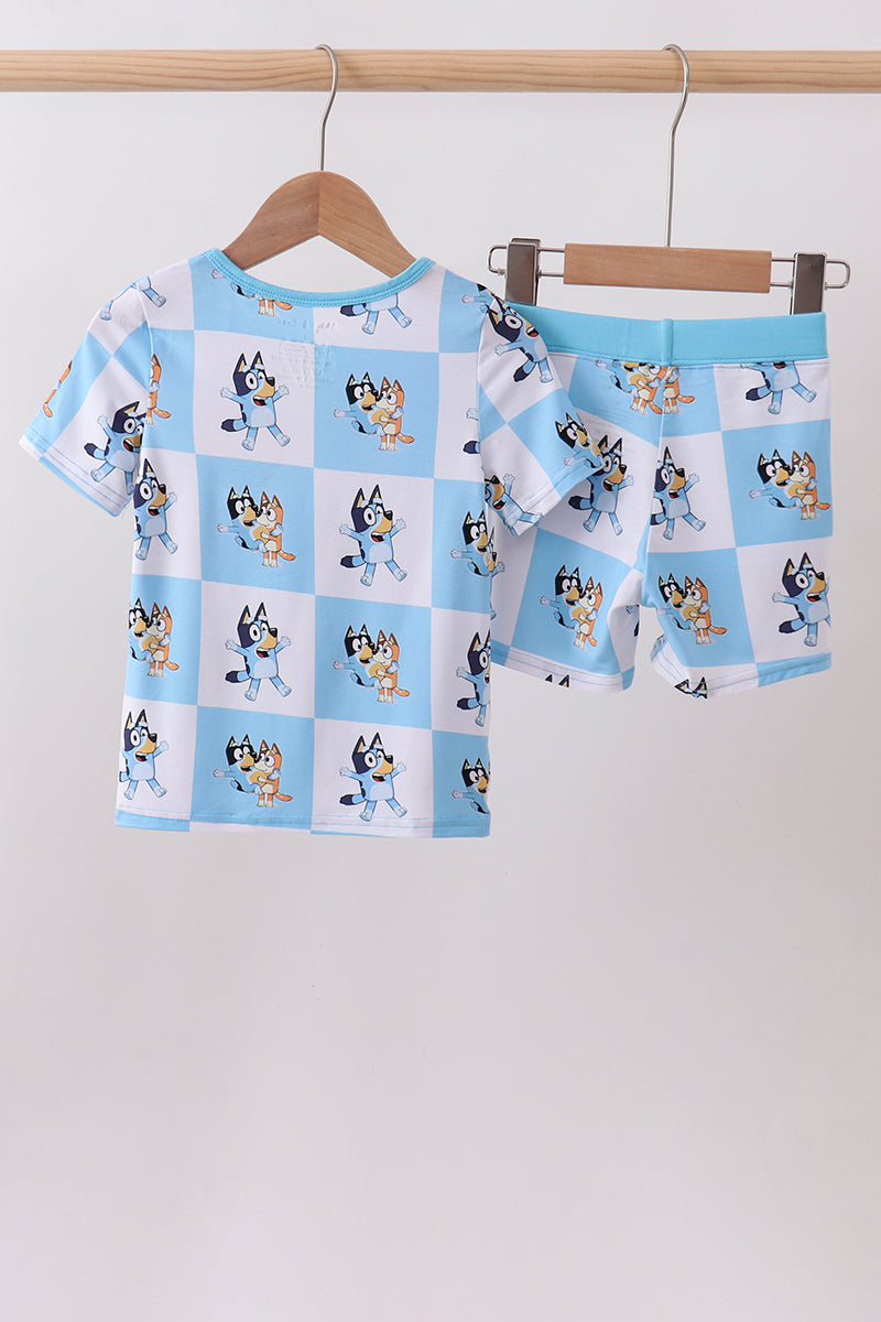 Blue character checkered bamboo pajama set